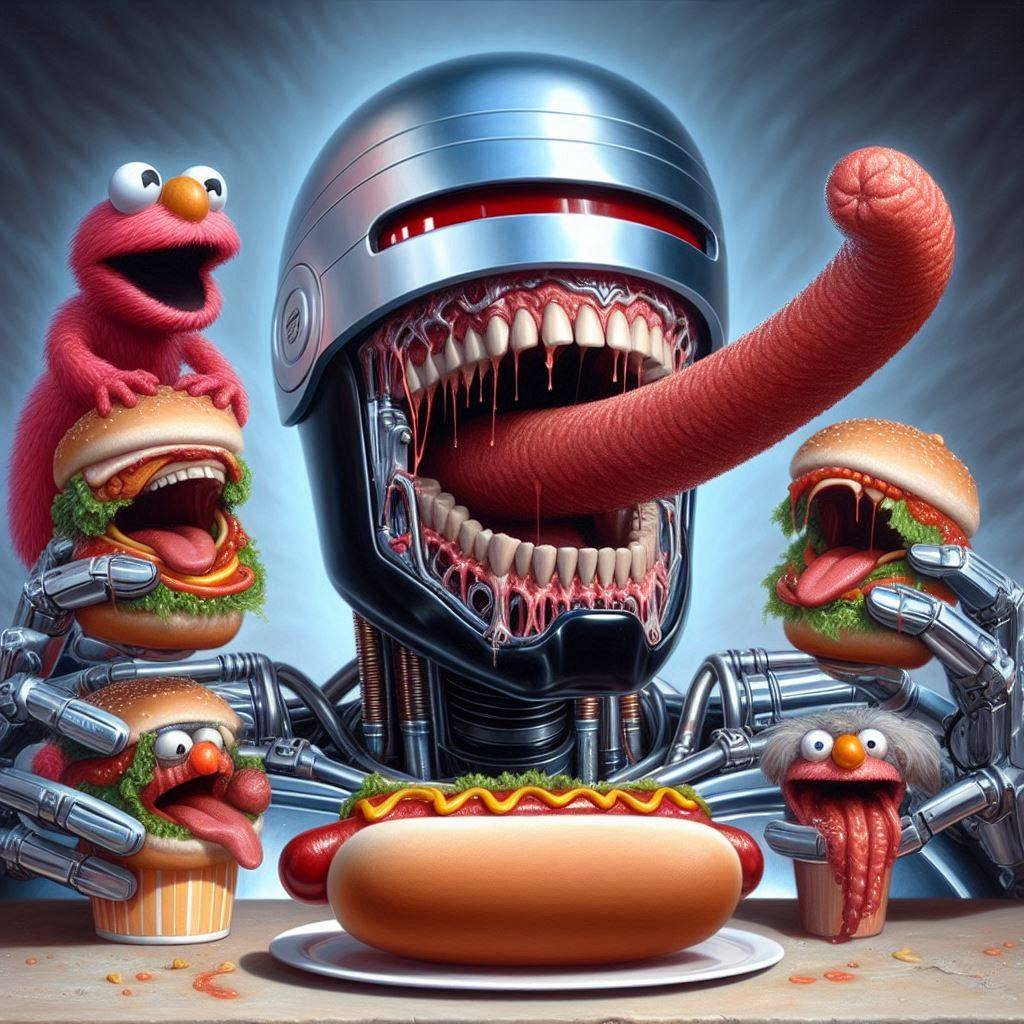 ROBOTIC MOUTH FEASTING ON CARNIVOROUS DELIGHTS