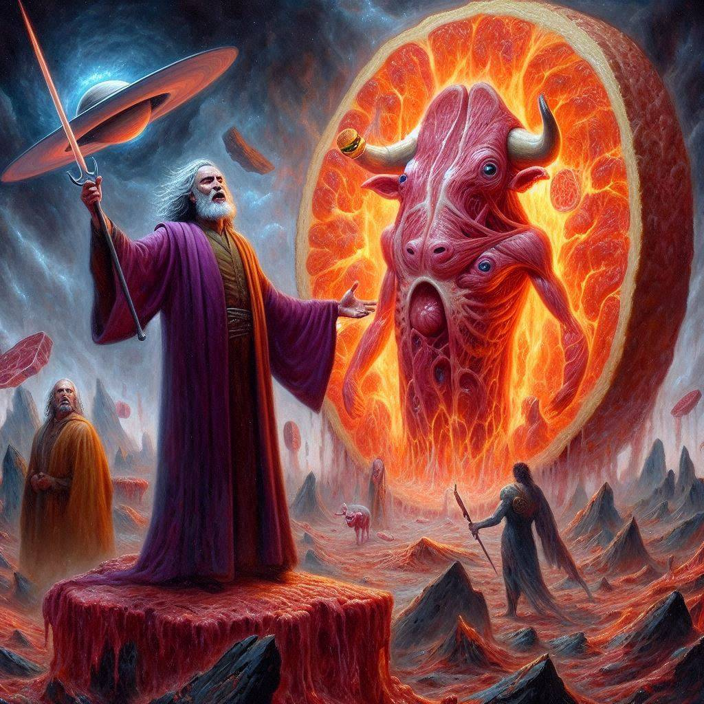 GODS SERVING MEAT ON A VOLCANIC PLATTER