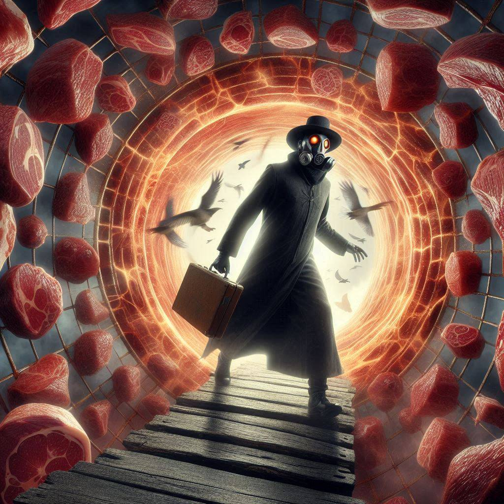 MEAT TORNADO SWALLOWING A MAN IN A SUIT