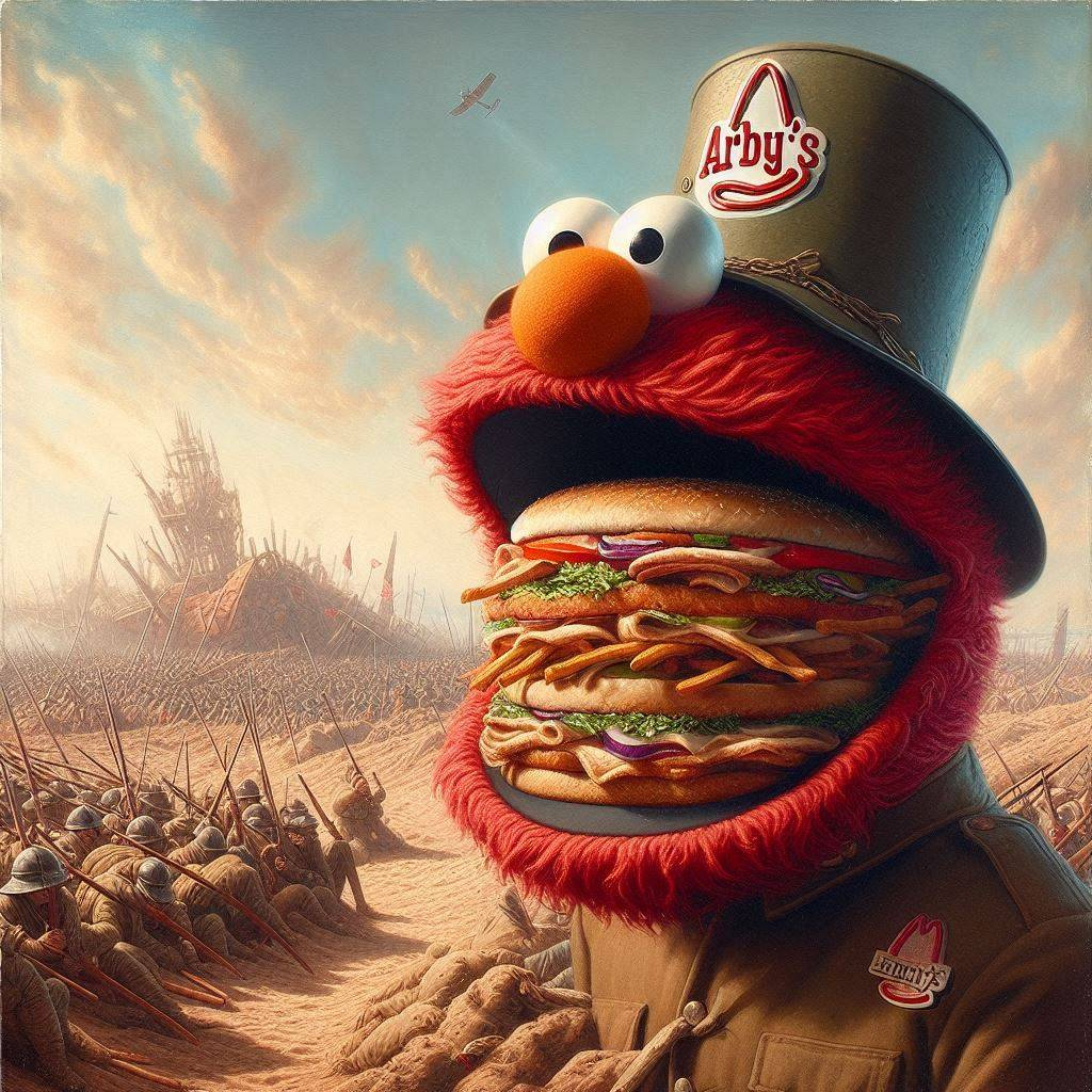 ELMO'S MOUTH SPITTING OUT SANDWICHES OF WAR