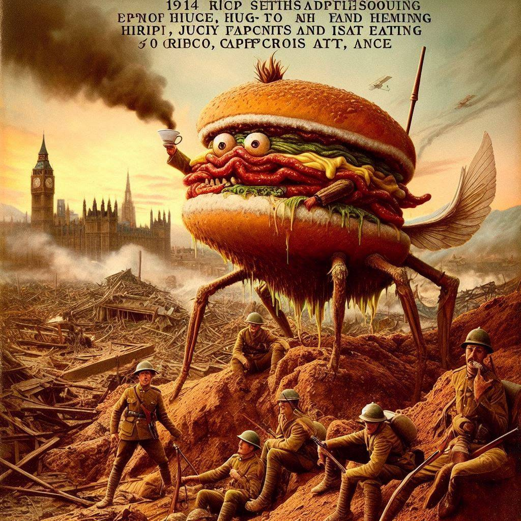 HAMBURGER MONSTER CRUSHING SOLDIERS UNDER GREASY FEET