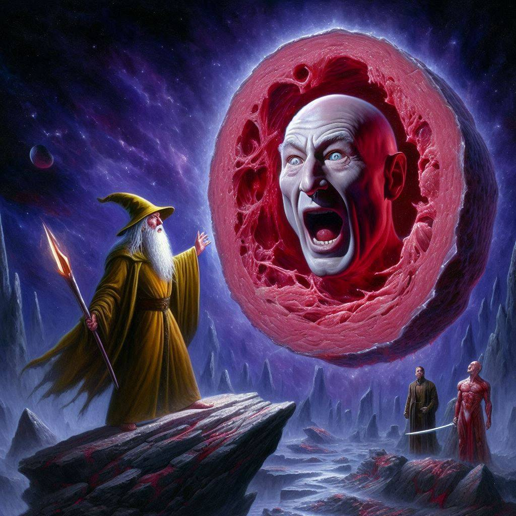WIZARD SCREAMING AT A BLOODY FACE IN SPACE