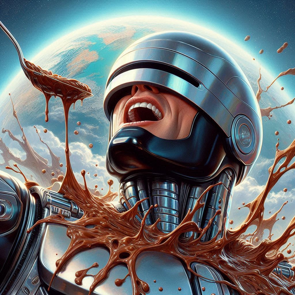 ROBOT CHOKING ON CHOCOLATE CUM