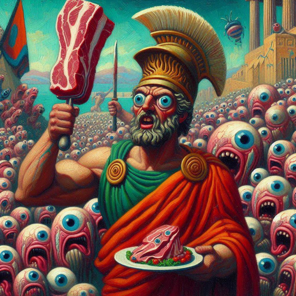 WARRIOR SERVING MEAT TO EYELESS MONSTERS