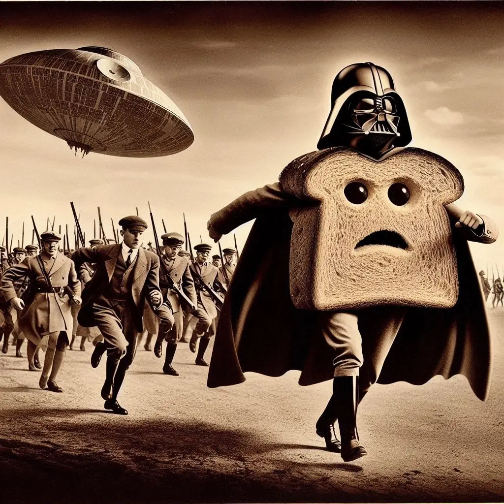BREAD WARRIOR FLEEING FROM ARMY OF TOASTED MEN