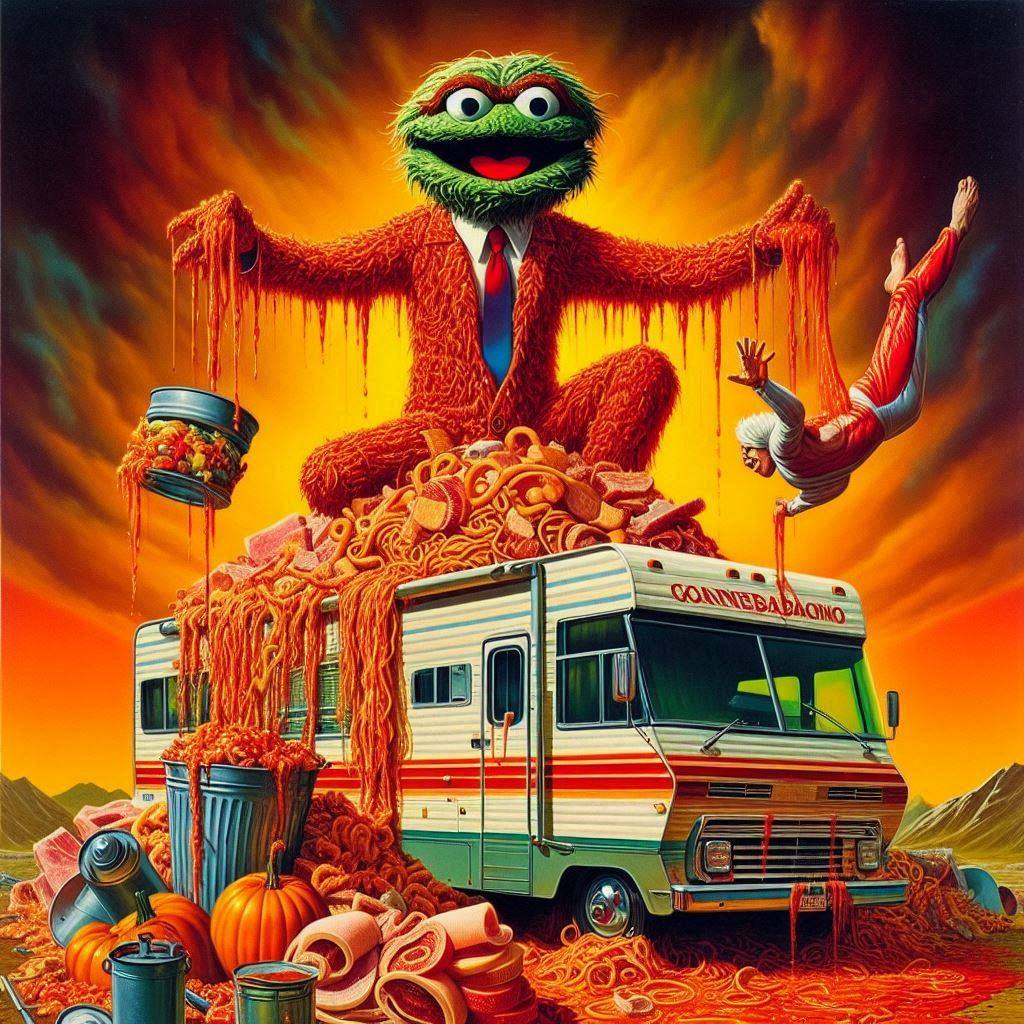 MONSTER SHITTING PASTA ON A TRASH MOUNTAIN