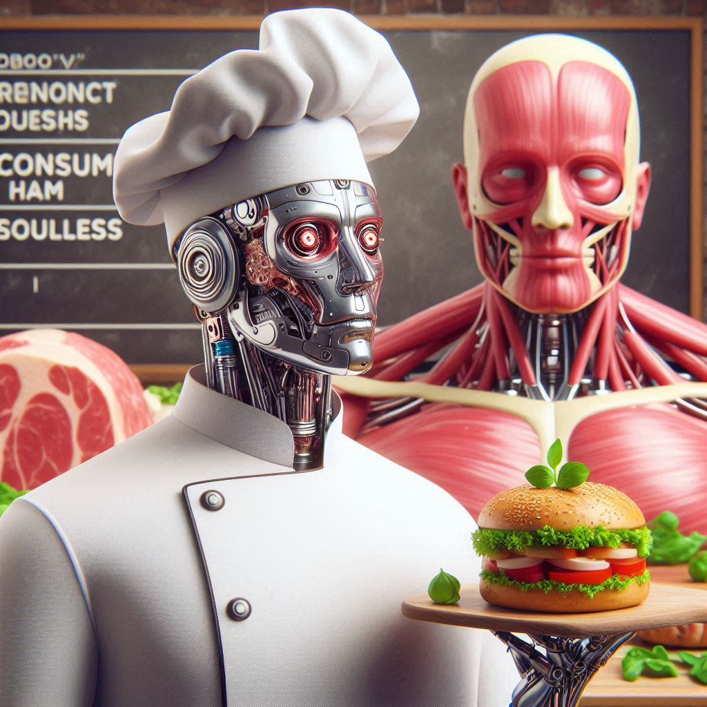 ROBOT CHEF SERVING SOULLESS MEAT SANDWICHES