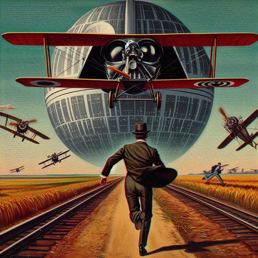 MAN IN SUIT RUNNING FROM SPACESHIP'S ANGRY BOMBARDMENT