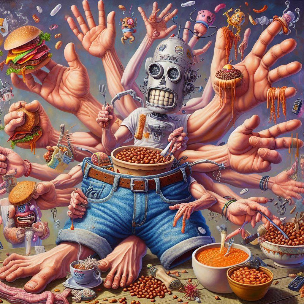 ROBOT FEASTING ON HUMAN HANDS AND BURGERS
