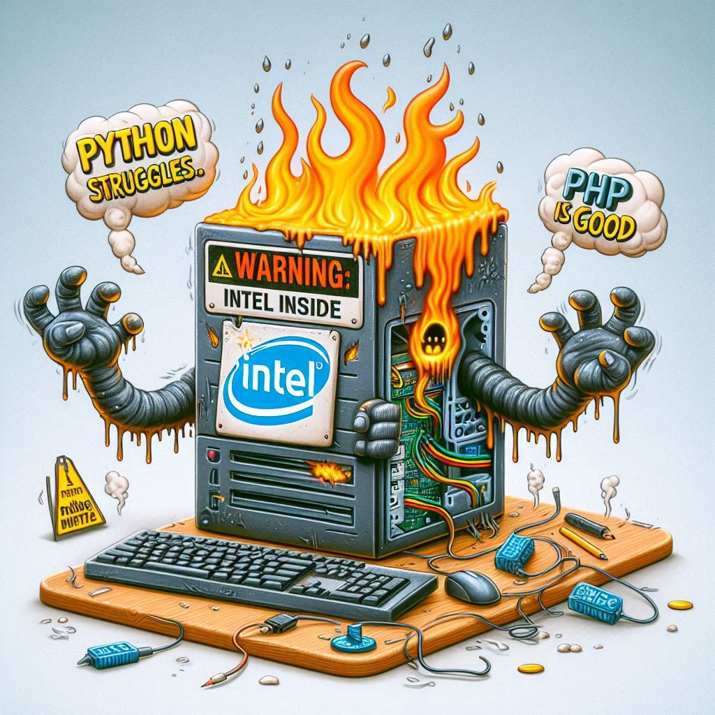 COMPUTER BURNING IN A SEA OF CODE CHAOS
