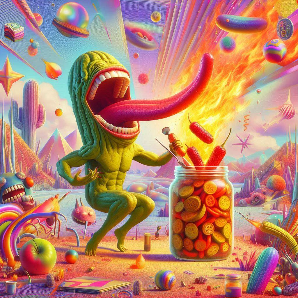 PICKLE MONSTER SPITTING FLAMES INTO JAR OF CHAOS