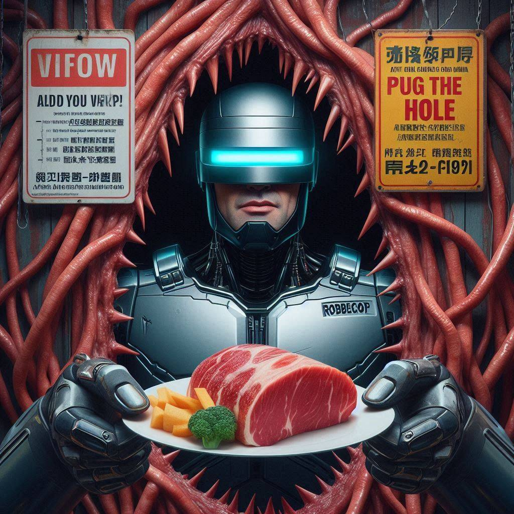 ROBOT HANDS SERVING MEAT ON A PLATE OF GORE