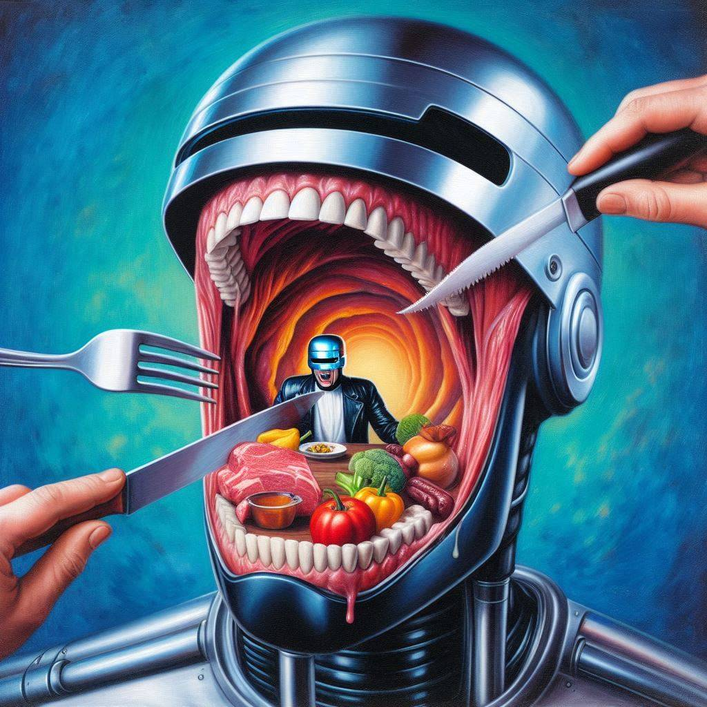ROBOT CHEF SERVING GORE ON A PLATTER