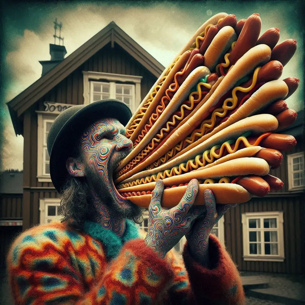 MAN EATING A CARNIVAL OF SAUSAGES