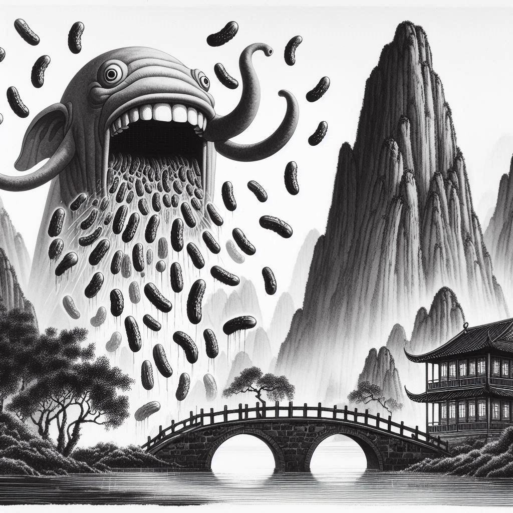 MONSTER VOMITING PICKLES ON A MOUNTAINOUS LANDSCAPE