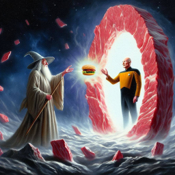 WIZARD HANDING BURGER THROUGH MEAT PORTAL