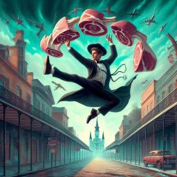 MAN JUGGLING MEAT IN A WAR ZONE