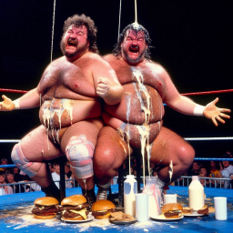 FAT MEN SHITTING BURGERS ON A WRESTLING RING