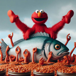 ELMO RIDING A FISH IN A SEA OF ORANGE
