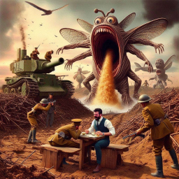 MONSTER VOMITING WAR'S FURY ON DINING MEN