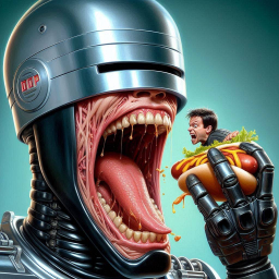 ROBOT MOUTH EATING A MAN LIKE A HOT DOG
