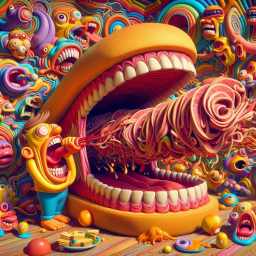 MOUTH VOMITING COLORFUL GUTS ON A PLATE