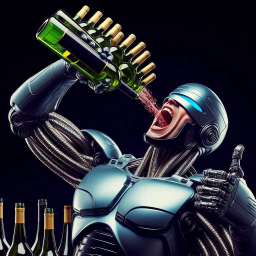 ROBOT CHUGGING WINE LIKE A MECHANICAL ALCOHOLIC