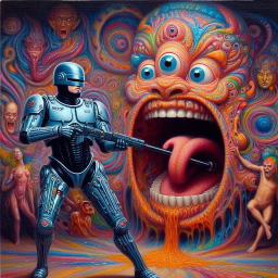 ROBOT BLASTING GOO FROM A MONSTER'S MOUTH