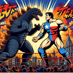 MONSTERS SLUGGING IT OUT IN A CITY'S GUTS