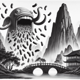 MONSTER VOMITING PICKLES ON A MOUNTAINOUS LANDSCAPE